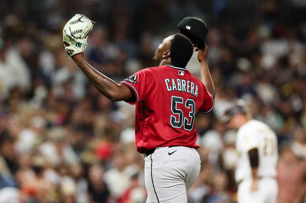 Arizona Diamondbacks' Jose Cabrera reacts after being relieved in the fifth inning of a baseball game against the San Diego Padres Wednesday, July 8, 2026, in San Diego. (AP Photo/Derrick Tuskan)