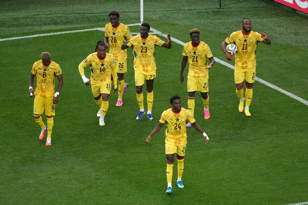 Ghana's Derrick Luckassen (23) celebrates with teammates after scoring their first goal during the World Cup Group L soccer match between Croatia and Ghana in Philadelphia, Saturday, June 27, 2026. (AP Photo/Matt Rourke)
