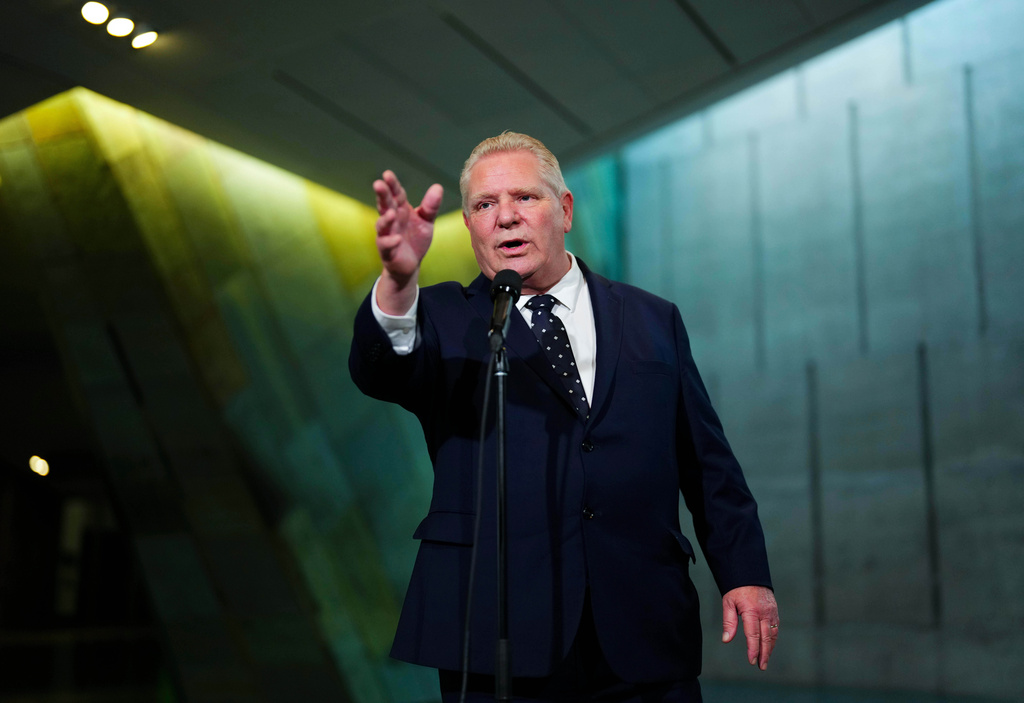 FILE - Ontario Premier Doug Ford speaks to reporters following the First Ministers Meeting at the National War Museum March 21, 2025, in Ottawa, Canada. (Sean Kilpatrick/The Canadian Press via AP, File)
