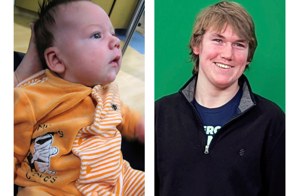 This combination of photos provided by Bonnie L. Engstrom shows her son, James Fulton Engstrom, in the NICU at OSF St. Francis Hospital in Peoria, Ill., in October 2010, left, and in January 2026. (Bonnie L. Engstrom via AP)