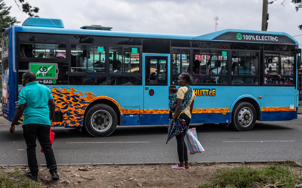 A battery electric bus drives through the streets of Nairobi, Kenya, Tuesday, Feb. 17, 2026. (AP Photo/Samson Otieno)