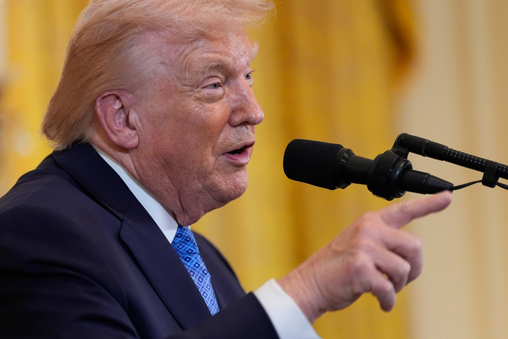 President Donald Trump speaks during a Hanukkah reception in the East Room of the White House, Tuesday, Dec. 16, 2025, in Washington. (AP Photo/Alex Brandon)