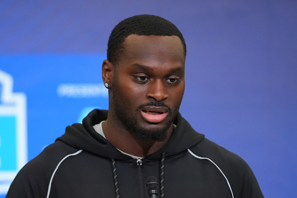 Notre Dame running back Jeremiyah Love speaks during a news conference at the NFL football scouting combine in Indianapolis, Friday, Feb. 27, 2026. (AP Photo/Julio Cortez)