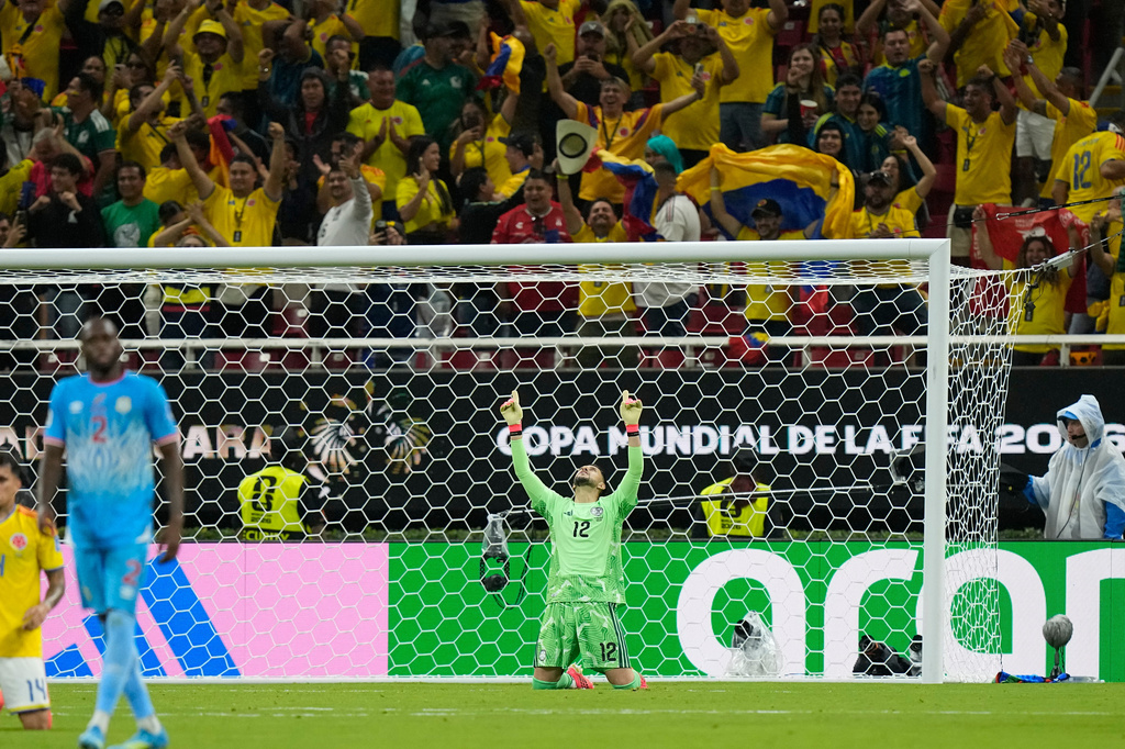 Colombia goalkeeper Camilo Vargas (12) reacts after the World Cup Group K soccer match between Colombia and Congo in Zapopan, near Guadalajara, Mexico, Tuesday, June 23, 2026. (AP Photo/Fernando Llano)