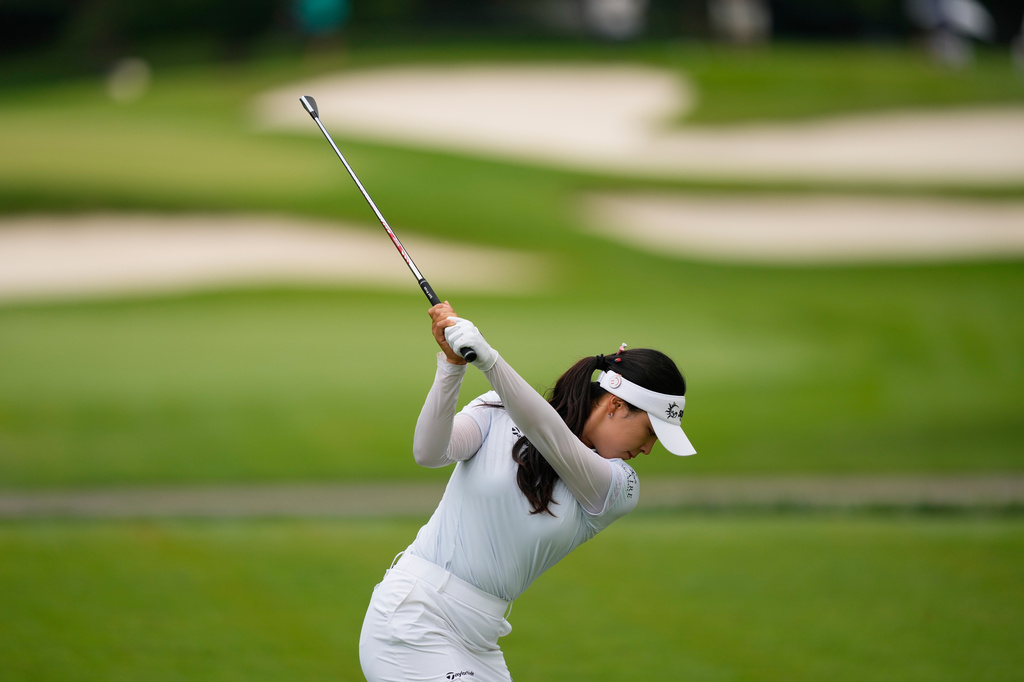 Ina Yoon, of South Korea, hits from the fourth tee during the second round of the Women's PGA Championship golf tournament, Friday, June 26, 2026, in Chaska, Minn. (AP Photo/Matt York)