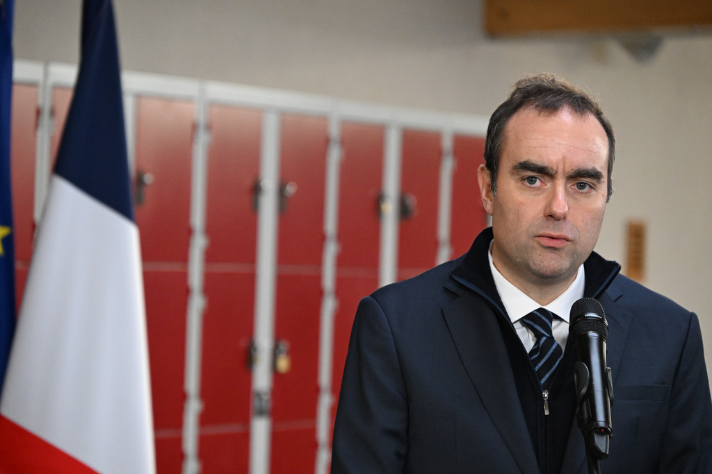 French Prime Minister Sebastien Lecornu speaks during the inauguration of the school Aurelie Aubert in Rugles, West of Paris, Friday, Dec. 12, 2025. (AP Photo/Emma Da Silva, Pool)
