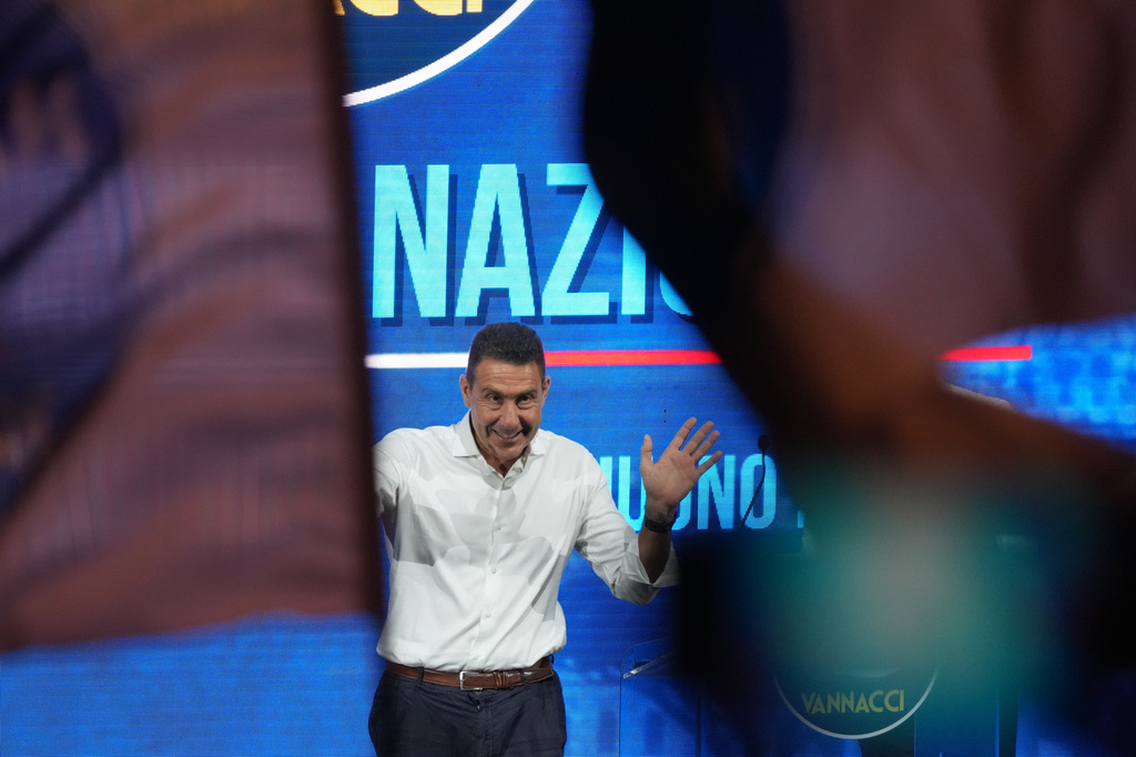 EU Parliament member and former Italian army general Roberto Vannacci addresses the audience as he concludes the two-day founding congress of his far-right party, Futuro Nazionale (National Future) in Rome, Sunday, June 14, 2026. (AP Photo/Gregorio Borgia)