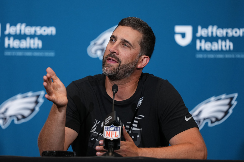 Philadelphia Eagles head coach Nick Sirianni talks to the media following an NFL football game against the Washington Commanders, Sunday, Sept. 13, 2026, in Philadelphia. (AP Photo/Matt Rourke)