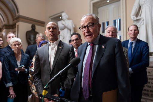 FILE - House Democratic Leader Hakeem Jeffries, left, and Senate Democratic Leader Chuck Schumer, both of New York, tell reporters that they are united as the Sept. 30 funding deadline approaches, at the Capitol in Washington, Sept. 11, 2025. (AP Photo/J. Scott Applewhite, File) FILE - House Democratic Leader Hakeem Jeffries, left, and Senate Democratic Leader Chuck Schumer, both of New York, tell reporters that they are united as the Sept. 30 funding deadline approaches, at the Capitol in Washington, Sept. 11, 2025. (AP Photo/J. Scott Applewhite, File)