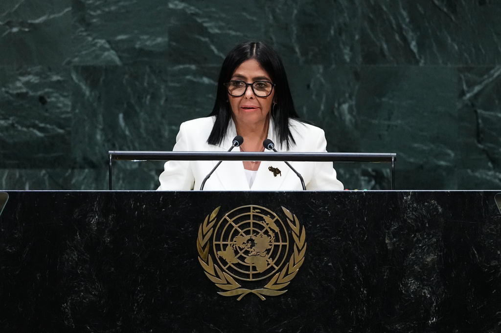 Delcy Rodríguez, acting president of Venezuela, addresses the 81st session of the United Nations General Assembly at U.N. headquarters Wednesday, Sept. 23, 2026. (AP Photo/Frank Franklin II)