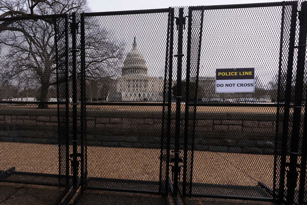 Security fencing is seen around the U.S. Capitol grounds in Washington on Monday, Feb. 23, 2026, ahead of President Donald Trump's State of the Union address on Tuesday. (AP Photo/Manuel Balce Ceneta)