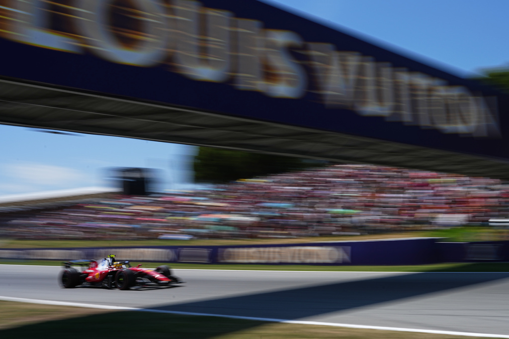 Ferrari driver Lewis Hamilton of Britain steers his car during the Spain F1 Grand Prix race at the Barcelona Catalunya racetrack in Montmelo, near Barcelona, Spain, Sunday, June 14, 2026. (AP Photo/Fatima Shbair)
