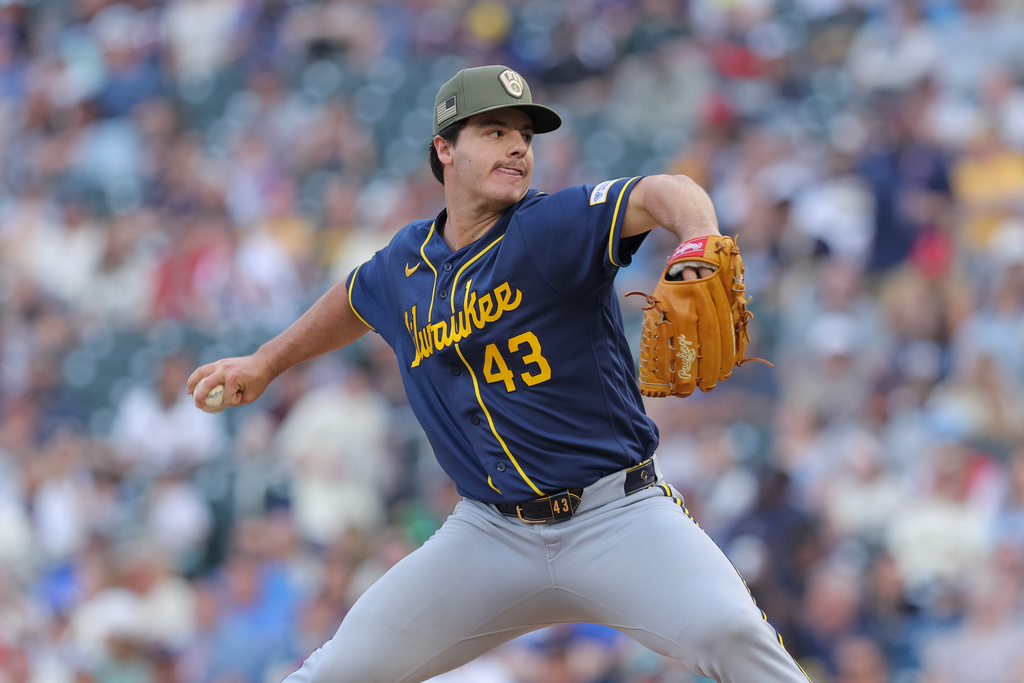 Milwaukee Brewers starting pitcher Logan Henderson delivers during the fifth inning of a baseball game against the Minnesota Twins, Saturday, May 16, 2026, in Minneapolis. (AP Photo/Bailey Hillesheim)