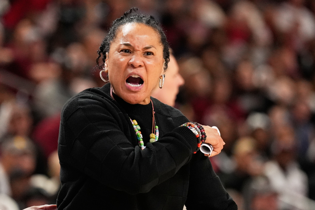 South Carolina head coach Dawn Staley reacts during the second half of an NCAA college basketball game against Texas in the final of the Southeastern Conference tournament, Sunday, March 8, 2026, in Greenville, S.C. (AP Photo/Chris Carlson)