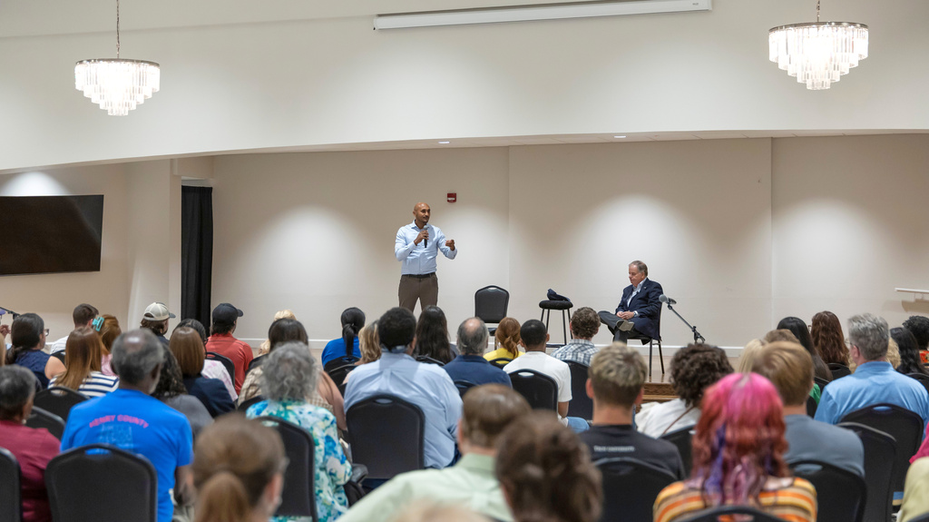 FILE - Rep. Shomari Figures, D-Ala., speaks alongside Doug Jones, a Democratic nominee for Governor of Alabama, at a town hall hosted by Troy University College Democrats and the Pike County Democrats, Aug. 18, 2026, in Troy, Ala. (AP Photo/Vasha Hunt, File)