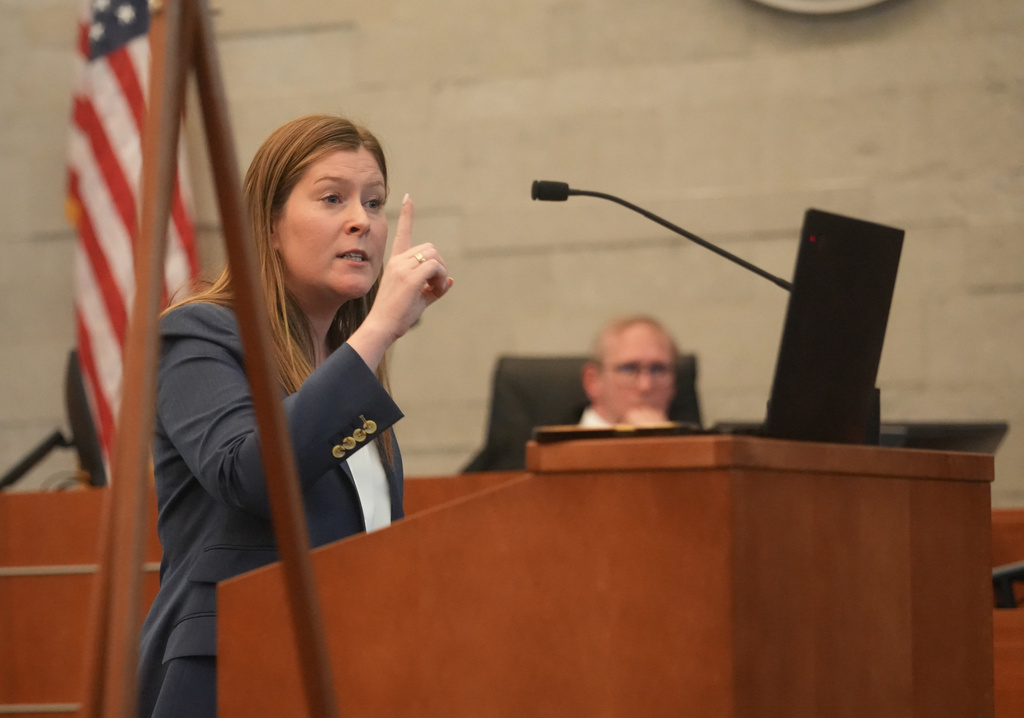 Attorney Kaitlyn Stephens speaks during the defense's opening statements in the retrial of former Franklin County Deputy Jason Meade, who is charged with murder and reckless homicide in the 2020 killing of Casey Goodson Jr., inside Franklin County Common Pleas Court in Columbus, Ohio, Thursday, April 23, 2026. (Doral Chenoweth/Pool Photo via AP)