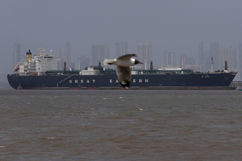 The Indian flagged LPG carrier Jag Vasant transporting liquefied petroleum gas, is seen at the Mumbai Port in Mumbai, India, after it arrived clearing the Strait of Hormuz, Wednesday, April 1, 2026. (AP Photo/Rafiq Maqbool)