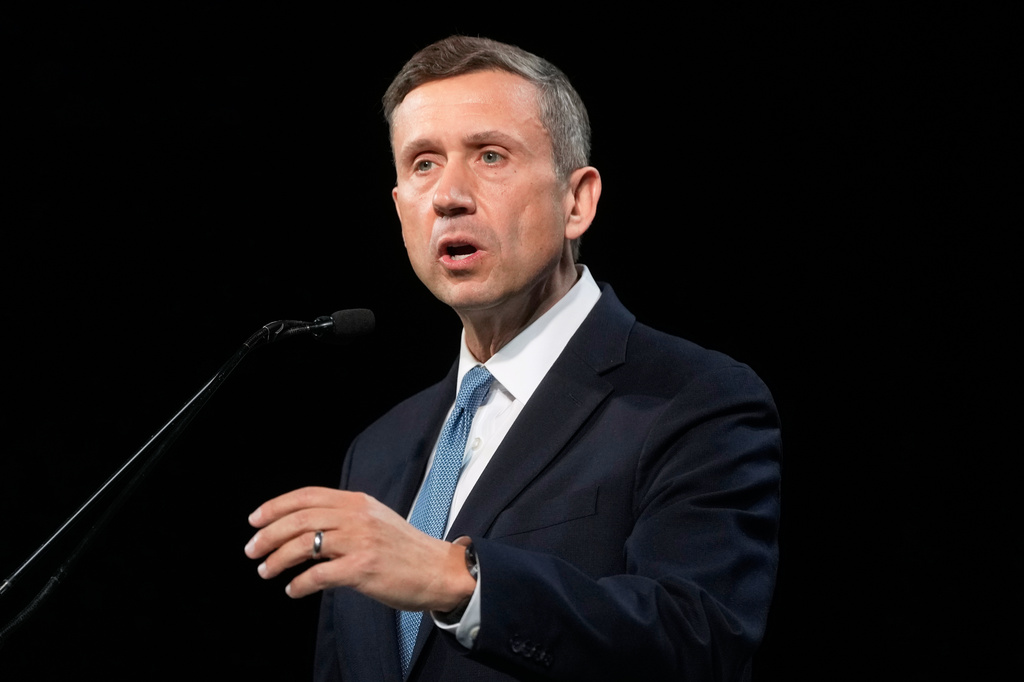 FILE - Ken Martin speaks at the 2026 California Democratic Party State Convention in San Francisco, Feb. 21, 2026. (AP Photo/Jeff Chiu, File)