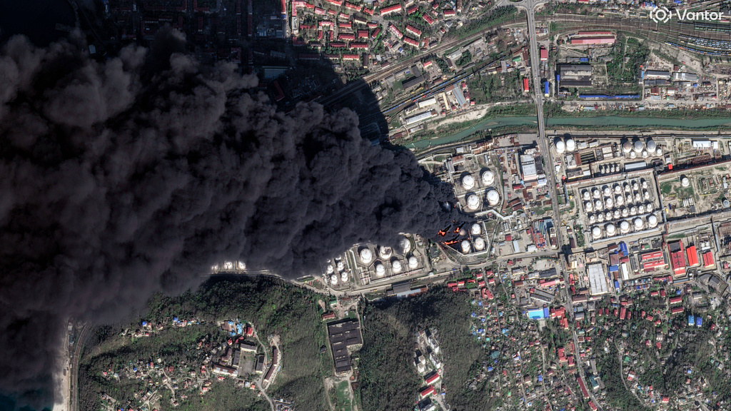 This satellite image provided by Vantor shows smoke rising from oil infrastructure in Tuapse in the southern Krasnodar region of Russia on April 16, 2026, after the town's oil refinery and shipping terminal were attacked by Ukrainian drones multiple times in preceding weeks. (Satellite image ©2026 Vantor via AP)