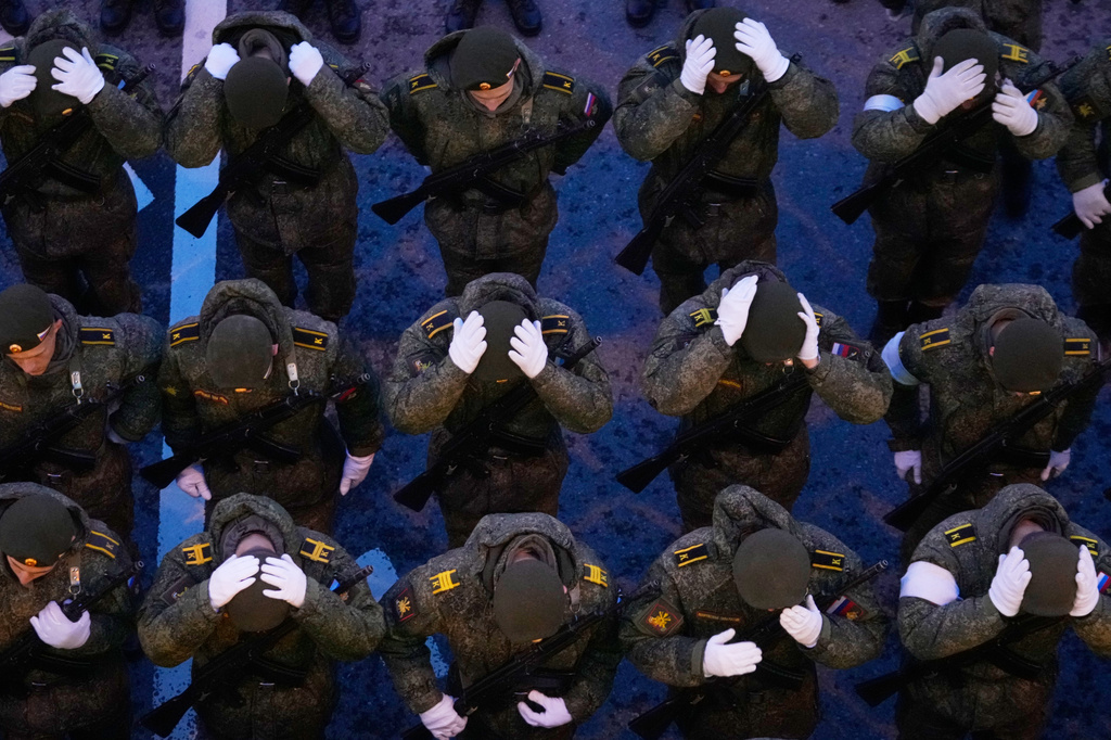 Russian servicemen gather prior to the Victory Day military parade rehearsal in Moscow, Wednesday, April 29, 2026. (AP Photo/Pavel Bednyakov)