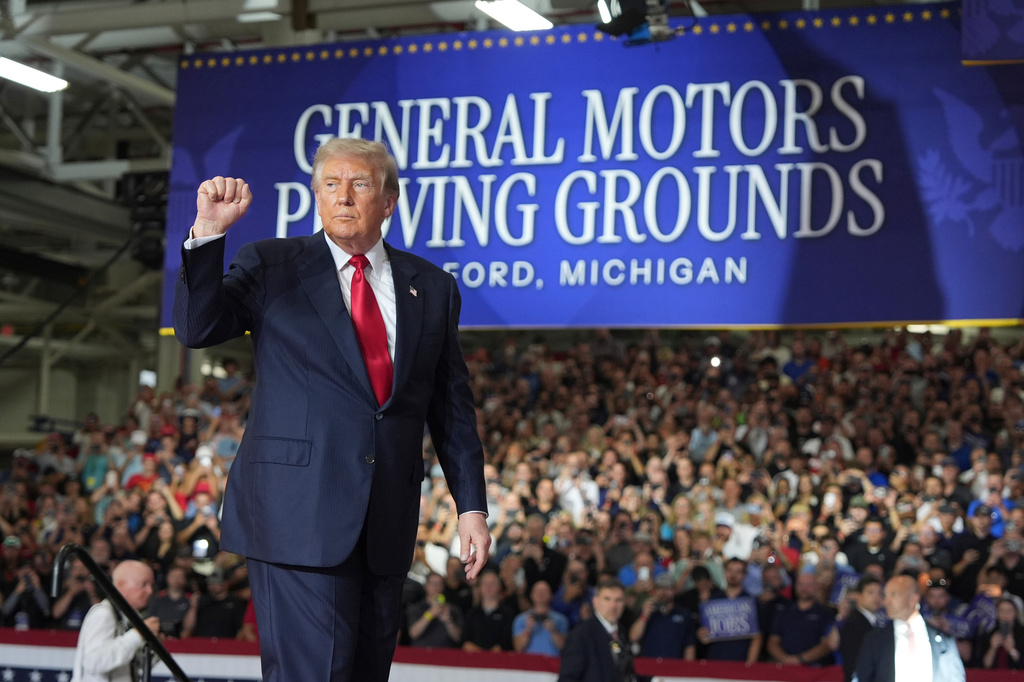 President Donald Trump gestures as he departs after speaking at General Motors proving ground, Monday, July 27, 2026, in Milford, Mich. (AP Photo/Alex Brandon)