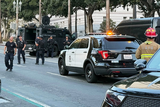 Law enforcement respond after a car crashed into Los Angeles City Hall on Friday, Oct. 3, 2025. (AP Photo/Jaimie Ding) Law enforcement respond after a car crashed into Los Angeles City Hall on Friday, Oct. 3, 2025. (AP Photo/Jaimie Ding)