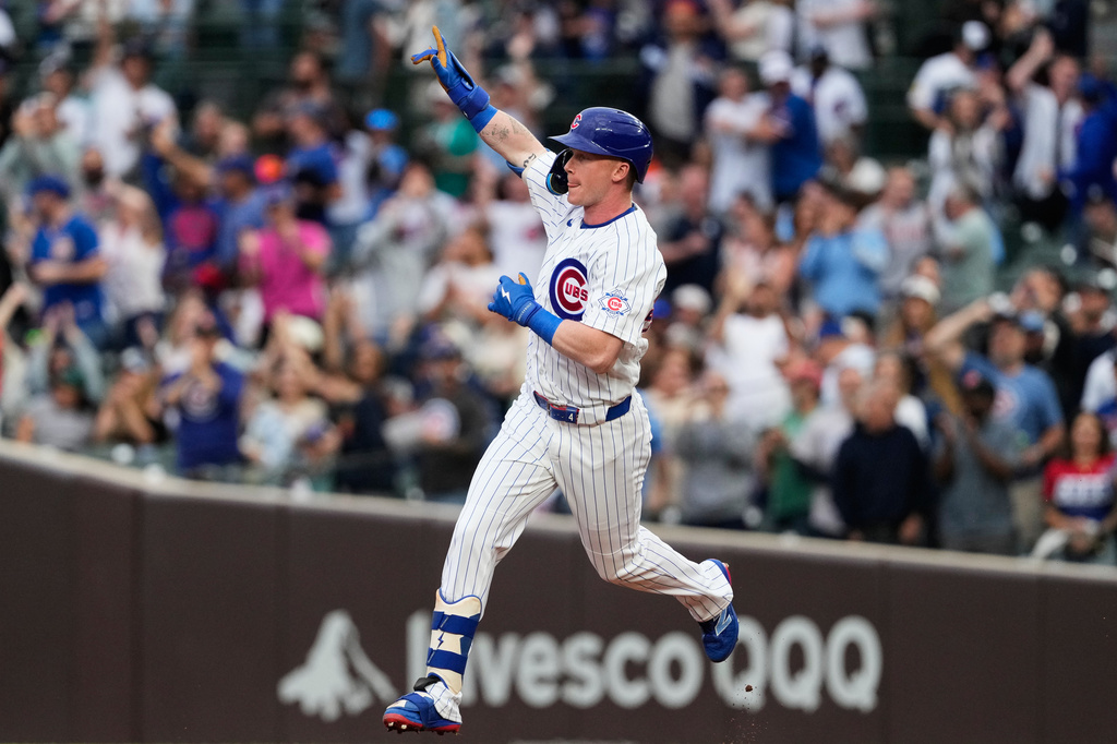 Chicago Cubs' Pete Crow-Armstrong celebrates as he rounds the bases after hitting a solo home run during the first inning of a baseball game against the Colorado Rockies in Chicago, Tuesday, June 16, 2026. (AP Photo/Nam Y. Huh)