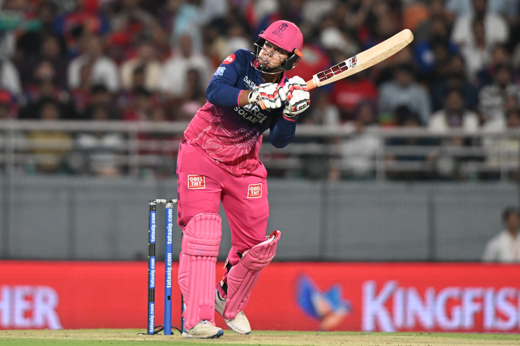 Rajasthan Royals' Vaibhav Sooryavanshi hits a six during the Indian Premier League cricket match between Rajasthan Royals and Punjab Kings in New Chandigarh, India, Tuesday, April 28, 2026.(AP Photo)