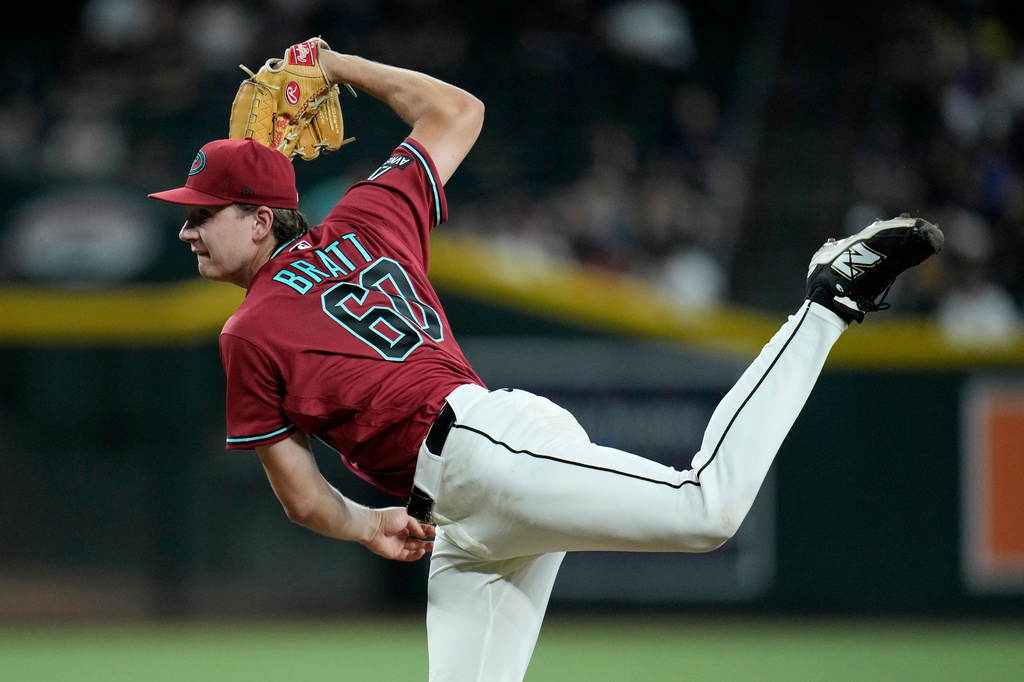 Arizona Diamondbacks starting pitcher Mitch Bratt throws against the San Diego Padres during the second inning of a baseball game, Wednesday, Aug. 5, 2026, in Phoenix. (AP Photo/Ross D. Franklin)