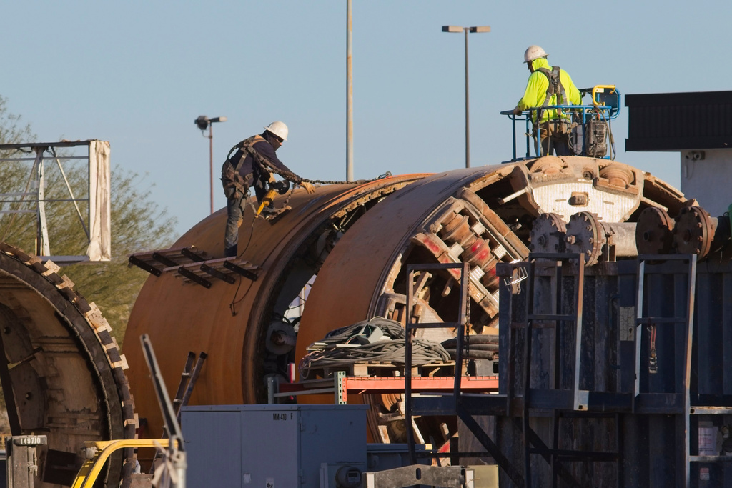 Construction is underway near the Vegas Loop on Wednesday, Feb. 4, 2026, in Las Vegas. (AP Photo/Ty ONeil)