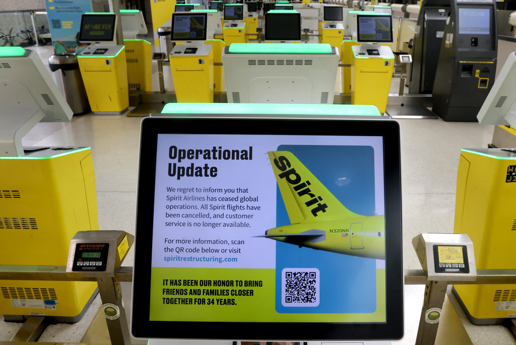 A screen shows Spirit Airlines cancelled flights at Fort Lauderdale-Hollywood International Airport on Saturday, May 2, 2026. (Mike Stocker /South Florida Sun-Sentinel via AP)