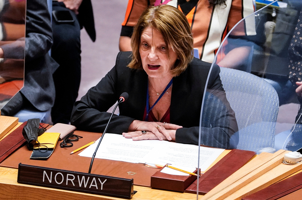 FILE - Norway's Ambassador to the United Nations Mona Juul address a U.N. Security Council meeting on the Russian invasion of Ukraine, Friday Feb. 25, 2022 at U.N. headquarters. (AP Photo/John Minchillo, File)