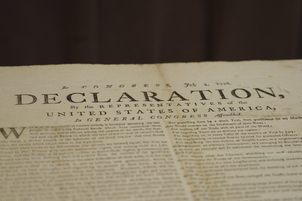 This image made from video shows a newly discovered copy of the U.S. Declaration of Independence, printed in July 1776 in Exeter, is displayed at The National Archives in London, Thursday, July 2, 2026. (AP Photo/Kwiyeon Ha)