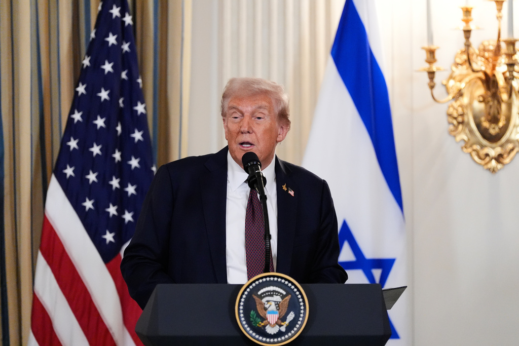 President Donald Trump speaks during a news conference with Israel's Prime Minister Benjamin Netanyahu in the State Dining Room of the White House, Monday, Sept. 29, 2025, in Washington. (AP Photo/Alex Brandon)