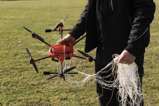 A person presents the interception of a drone by the A1-Falke interception drone from Argus Interception on the second day of the large-scale German forces Bundeswehr exercise "Red Storm Bravo" in Hamburg, Friday, Sept. 26, 2025. (Marcus Golejewski/dpa via AP) A person presents the interception of a drone by the A1-Falke interception drone from Argus Interception on the second day of the large-scale German forces Bundeswehr exercise "Red Storm Bravo" in Hamburg, Friday, Sept. 26, 2025. (Marcus Golejewski/dpa via AP)