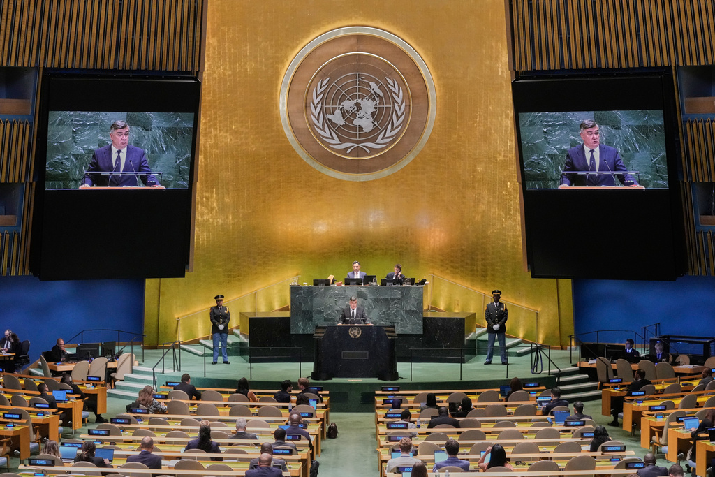 Croatia President Zoran Milanovic addresses the 80th session of the United Nations General Assembly, Wednesday, Sept. 24, 2025. (AP Photo/Richard Drew)