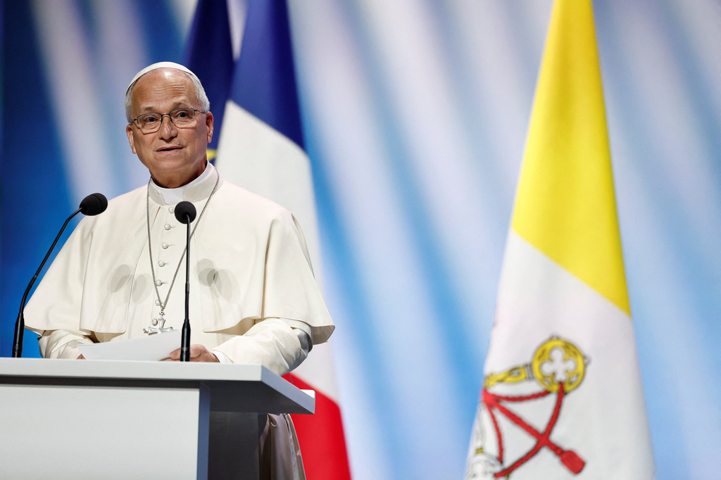 Pope Leo XIV speaks at the meeting "At the Roots of Europe for Peace and Unity", in Metz, France, Monday, Sept. 28, 2026. (Benoit Tessier/Pool Photo via AP)