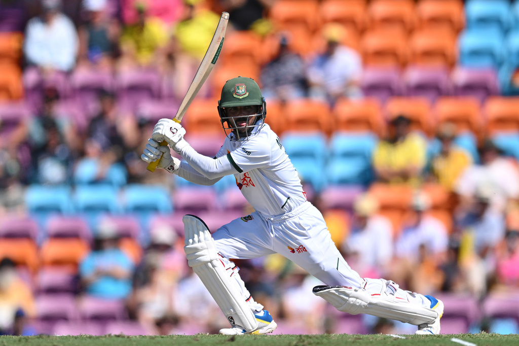 Mominul Haque of Bangladesh bats during play on day two of the first cricket test against Australia in Darwin, Australia, Friday, Aug. 14, 2026, (James Ross/AAPImage via AP)