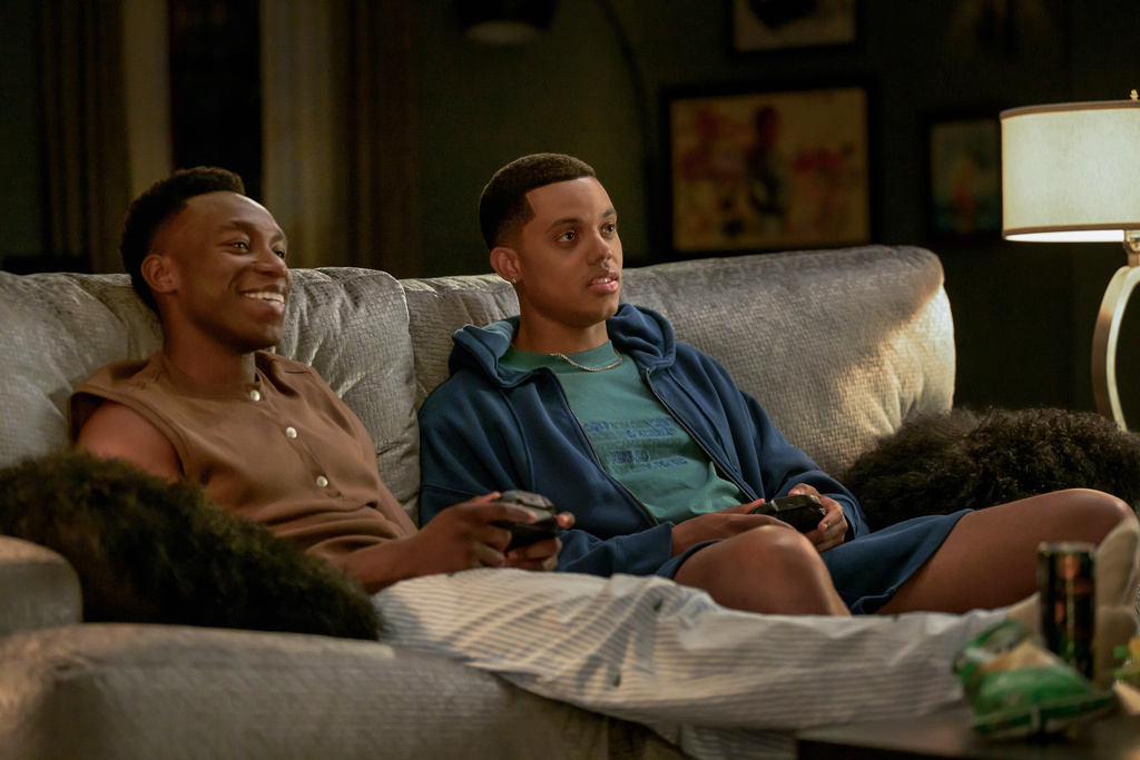 This image released by Peacock shows Olly Sholotan as Carlton, left, and Jabari Banks as Will, in a scene from Bel-Air." (Anne Marie Fox/Peacock via AP)