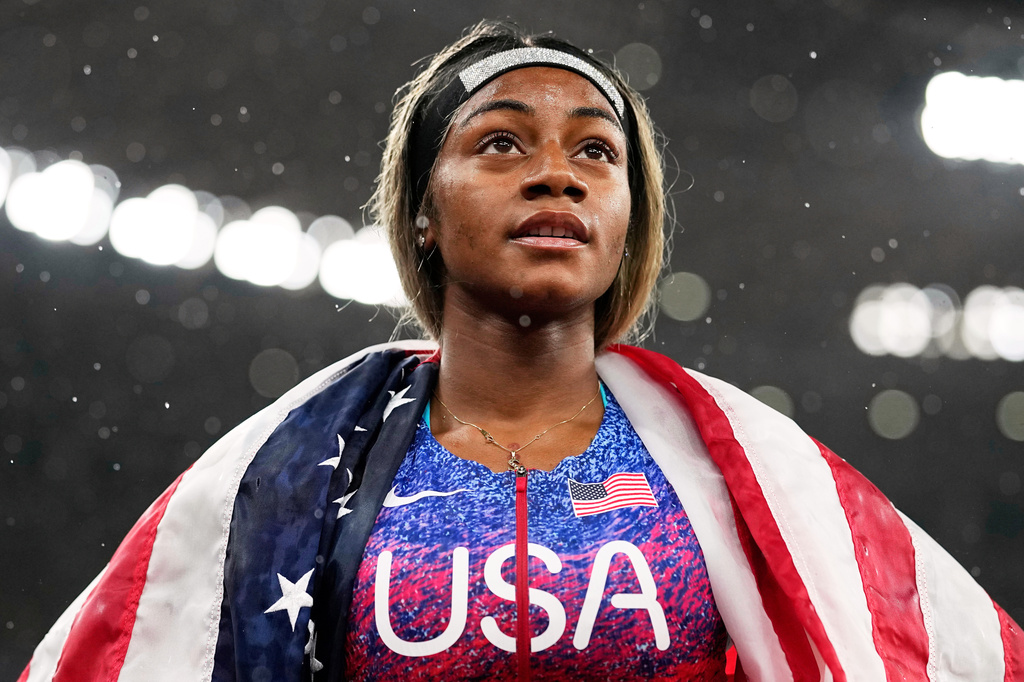 FILE - United States' Sha'Carri Richardson looks on after winning the gold medal in the women's 4 X 100 meters relay at the World Athletics Championships in Tokyo, Sept. 21, 2025. (AP Photo/Matthias Schrader, File)