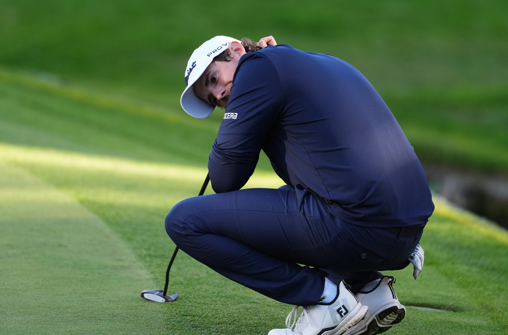 Manuel Elvira of Spain on the 18th green on day four of the PGA Championship at Wentworth Golf Club in Virginia Water, England, Sunday Sept. 20, 2026. (Adam Davy/PA via AP)