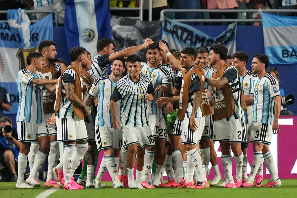 Argentina celebrates after Cape Verde's Diney Borges (3) scored an own goal during the World Cup round of 32 soccer match in Miami Gardens, Fla., Friday, July 3, 2026. (AP Photo/Lynne Sladky)