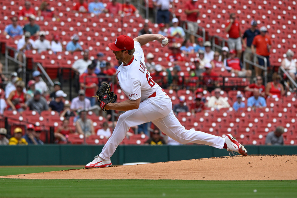 St. Louis Cardinals starting pitcher Kyle Leahy throws the first pitch during the first inning of a baseball game against the San Diego Padres Wednesday, June 17, 2026, in St. Louis. (AP Photo/Lexie Knight)