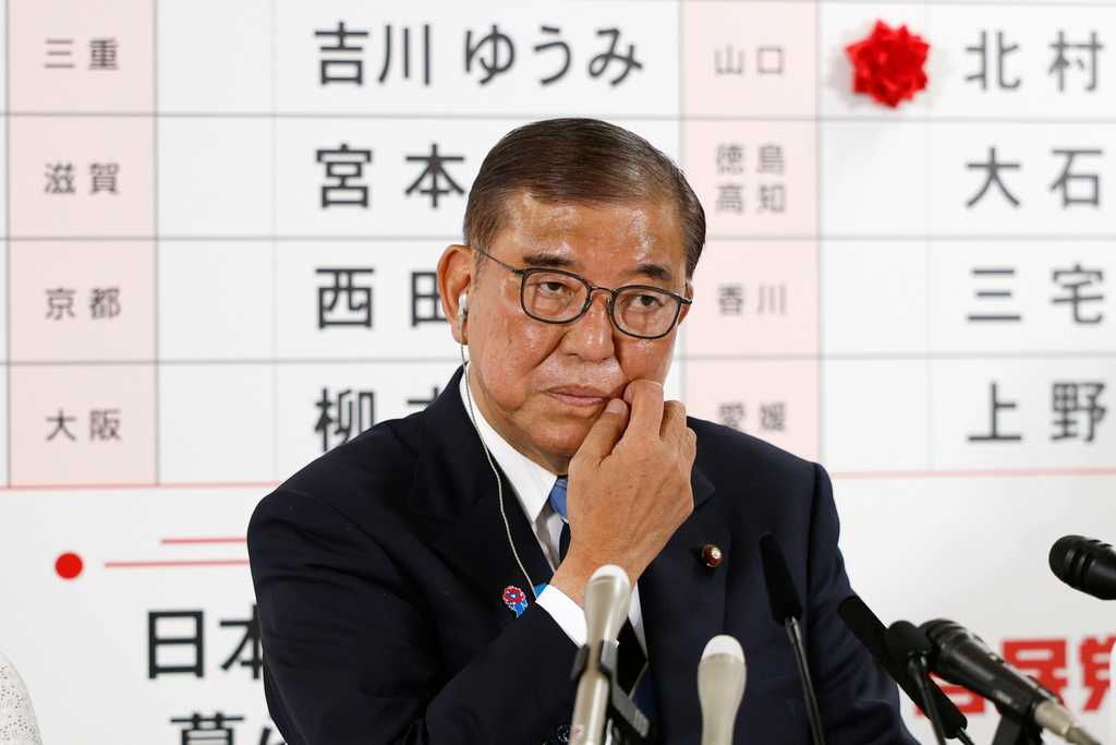 FILE - Shigeru Ishiba, Japan's Prime Minister and president of the ruling Liberal Democratic Party (LDP) meets the media at the LDP headquarters in Tokyo, Sunday, July 20, 2025. (Franck Robichon, Pool Photo via AP, File)