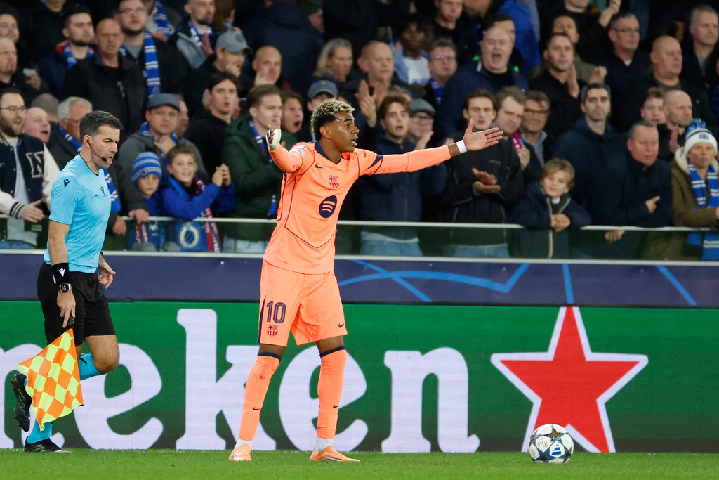 Barcelona's Lamine Yamal reacts during the Champions League opening phase soccer match between Club Brugge and Barcelona in Bruges, Belgium, Wednesday, Nov. 5, 2025. (AP Photo/Geert Vanden Wijngaert)