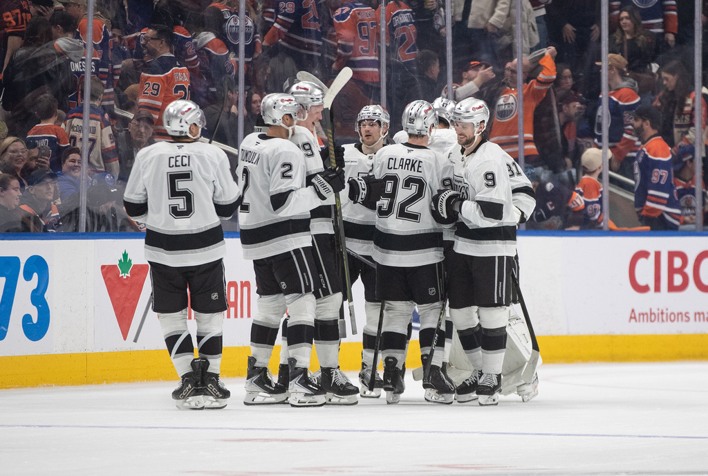 Los Angeles Kings players celebrate the win over the Edmonton Oilers during a shoot-out of an NHL hockey game in Edmonton on Saturday, Jan. 10, 2026. (Jason Franson/The Canadian Press via AP)