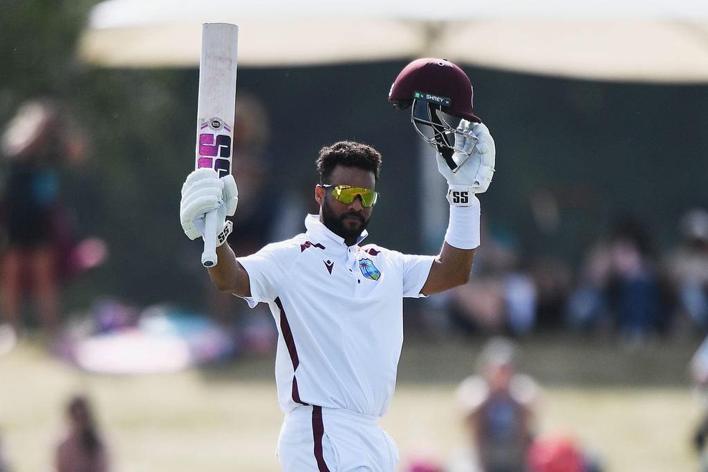 West Indies' Shai Hope celebrates scoring 100 runs against New Zealand on Day 4 of their cricket test match in Christchurch, New Zealand, Friday, Dec. 5, 2025. (Chris Symes/Photosport via AP)