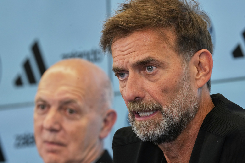 Newly appointed head coach of the German national soccer team Juergen Klopp attends a news conference at the headquarters of the German Football Association DFB in Frankfurt, Germany, Friday, July 24, 2026. (AP Photo/Michael Probst)