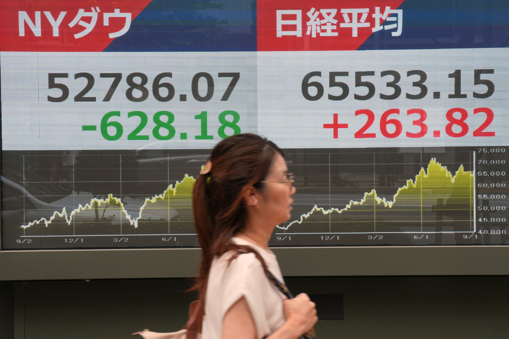 A person walks in front of an electronic stock board showing Japan's Nikkei and New York Dow indexes at a securities firm Wednesday, Sept. 9, 2026, in Tokyo. (AP Photo/Eugene Hoshiko)