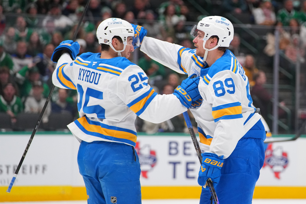 St. Louis Blues left wing Pavel Buchnevich (89) celebrates his second period goal with right wing Jordan Kyrou (25) during an NHL hockey game against the Dallas Stars Friday, Jan. 23, 2026, in Dallas. (AP Photo/Julio Cortez)
